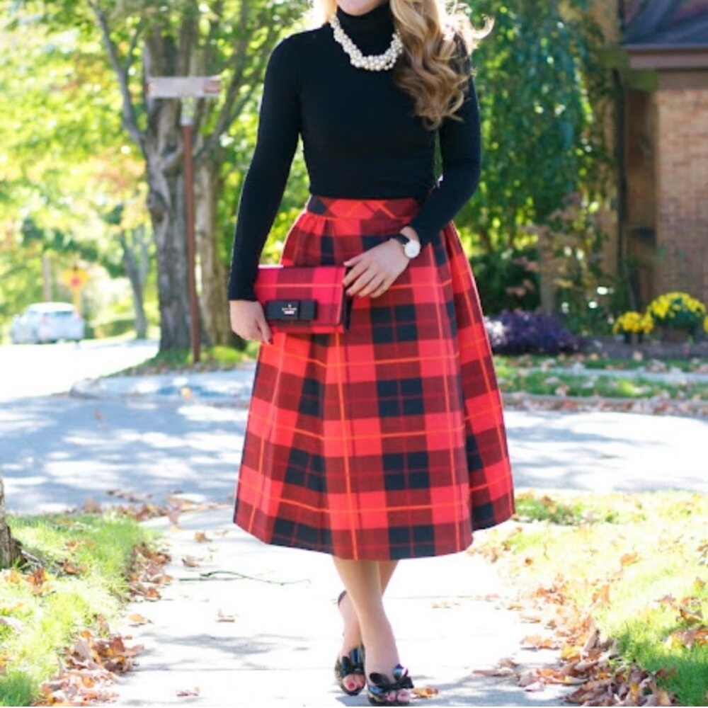 Kate Spade New York Woodland Plaid Midi Skirt Red Black Festive Full Cotton Silk
